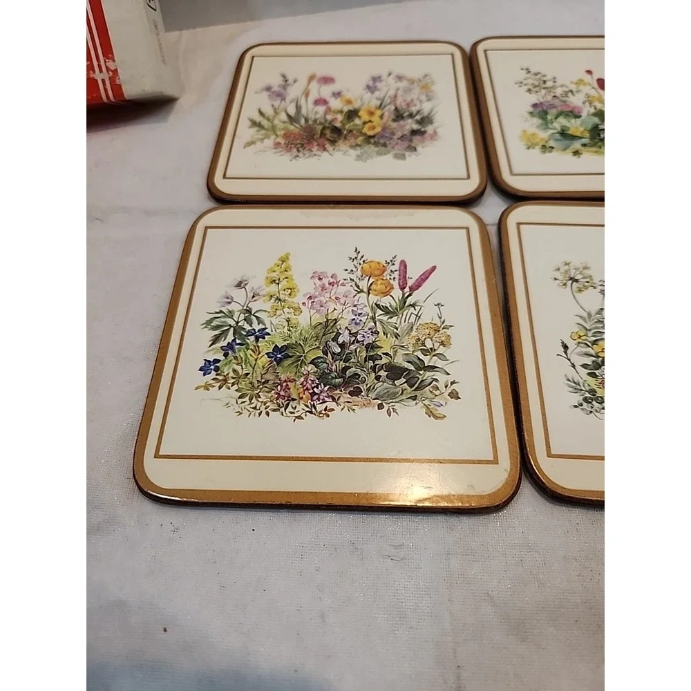 Pimpernel Set of‎ 6 VTG 'Meadow Floral' Design Cork Back Coasters W/Original Box